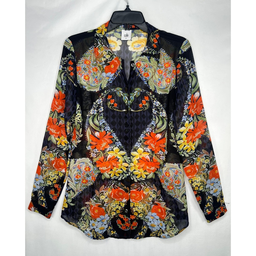 Cabi Amour Floral Diamond Print Sheer Blouse Multicolor Button Front Top Sz S - Picture 1 of 8